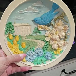 Avon Ceramic Plate with Blue Bird and Floral Scene